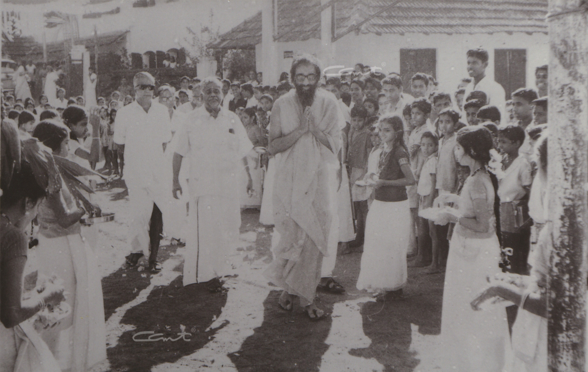 Swami Chinmayananda being welcomed at his alma mater, Vivekodayam Boys High School, Thrissur.